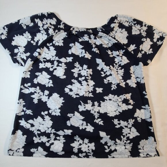 Modern Attraction Navy Floral Lace Blouse L Short Sleeve Boho Casual Top - Picture 3 of 5